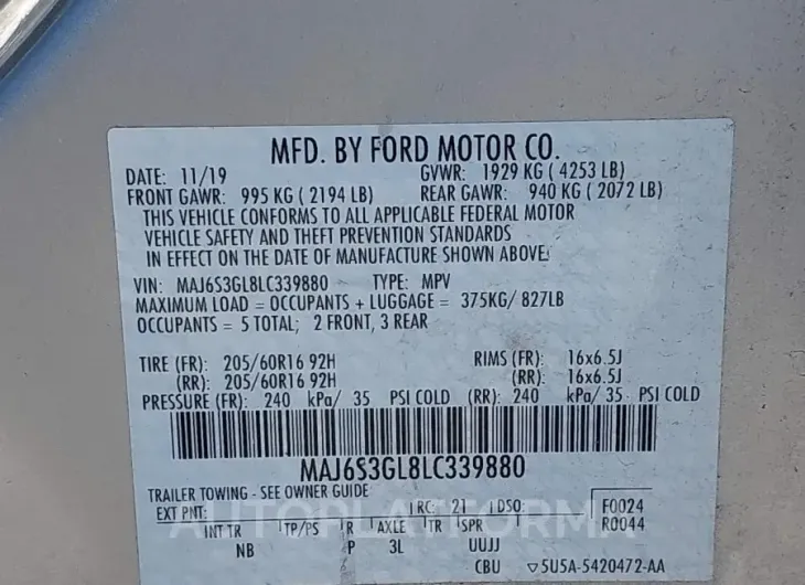 FORD ECOSPORT 2020 vin MAJ6S3GL8LC339880 from auto auction Iaai