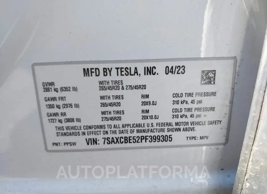 TESLA MODEL X 2023 vin 7SAXCBE52PF399305 from auto auction Iaai