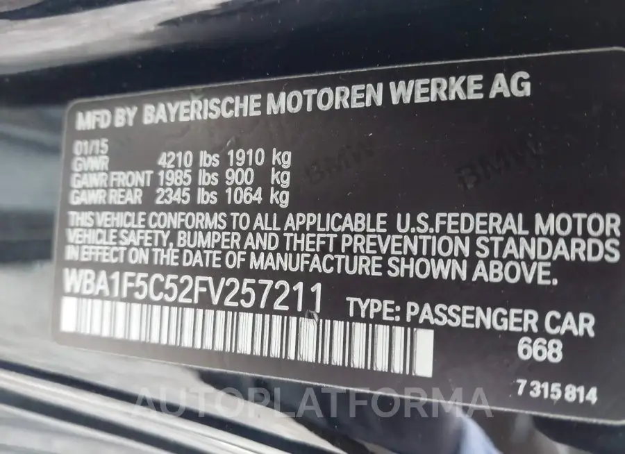 BMW 228I 2015 vin WBA1F5C52FV257211 from auto auction Iaai