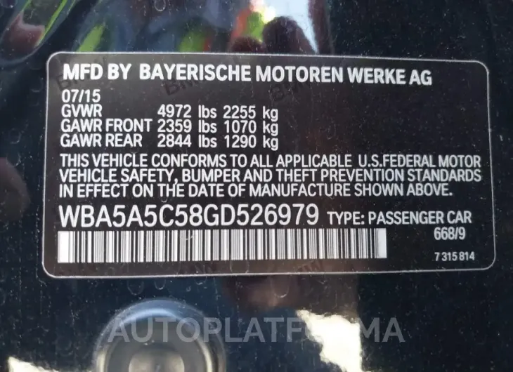 BMW 528I 2016 vin WBA5A5C58GD526979 from auto auction Iaai