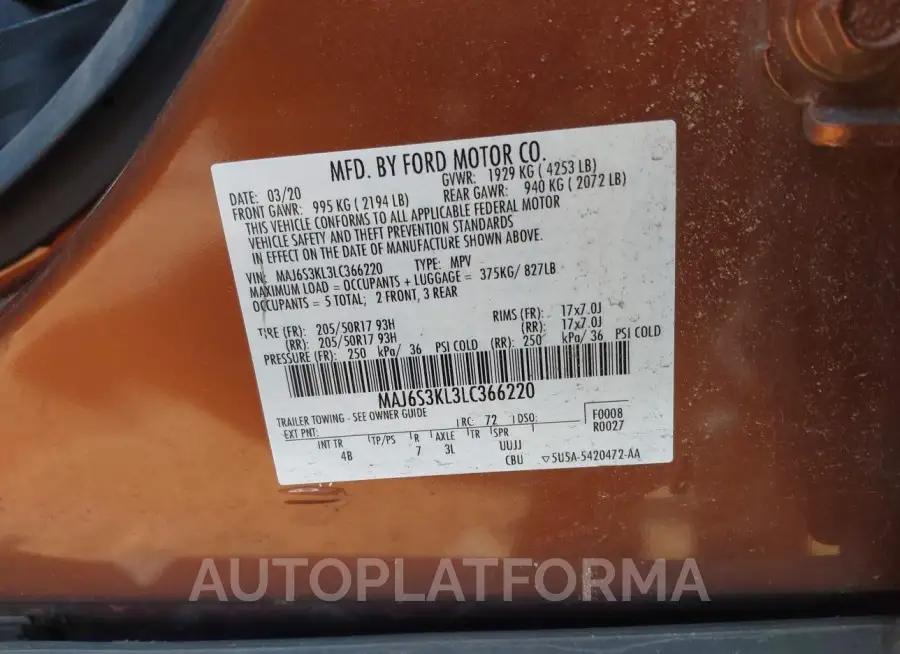 FORD ECOSPORT 2020 vin MAJ6S3KL3LC366220 from auto auction Iaai