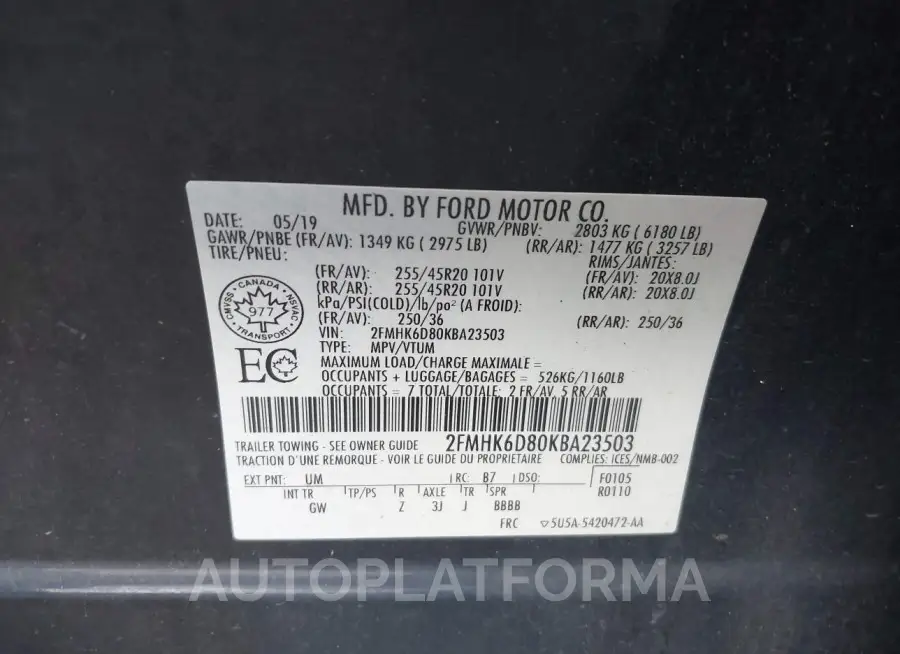 FORD FLEX 2019 vin 2FMHK6D80KBA23503 from auto auction Iaai