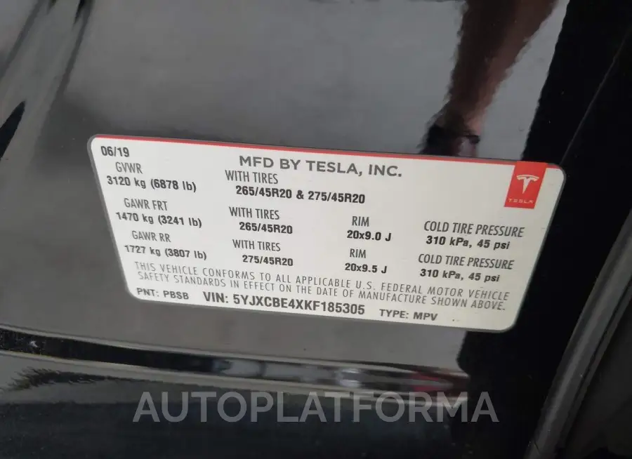 TESLA MODEL X 2019 vin 5YJXCBE4XKF185305 from auto auction Iaai