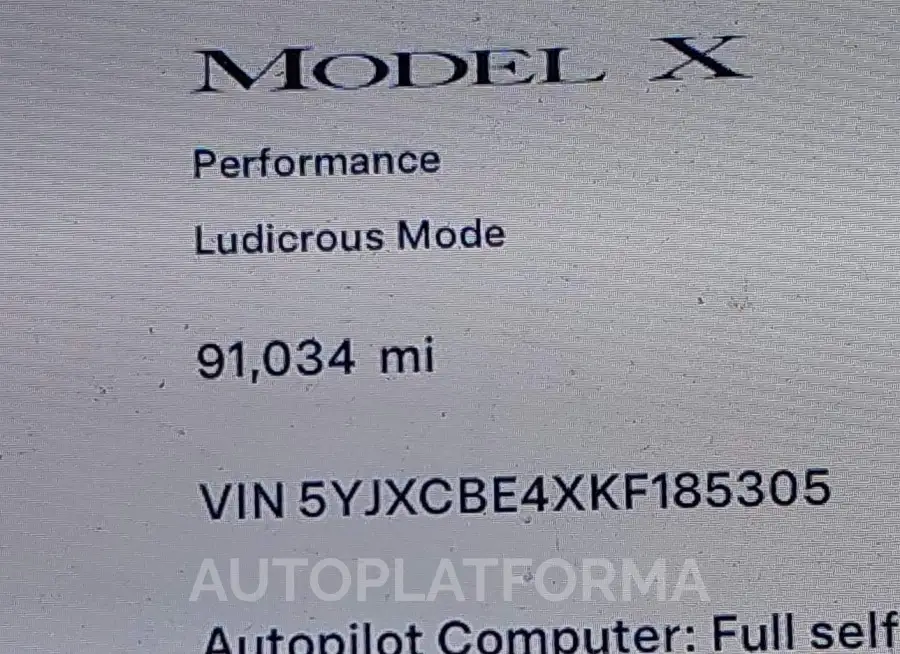 TESLA MODEL X 2019 vin 5YJXCBE4XKF185305 from auto auction Iaai