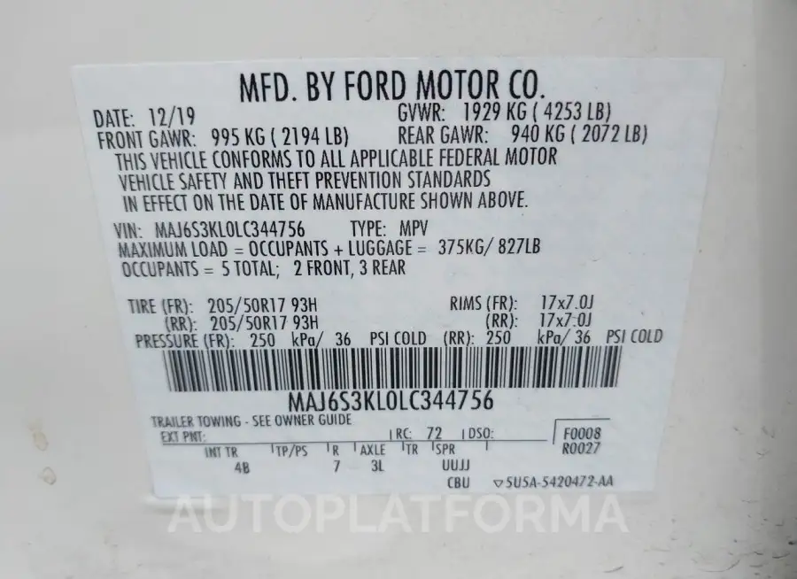 FORD ECOSPORT 2020 vin MAJ6S3KL0LC344756 from auto auction Iaai