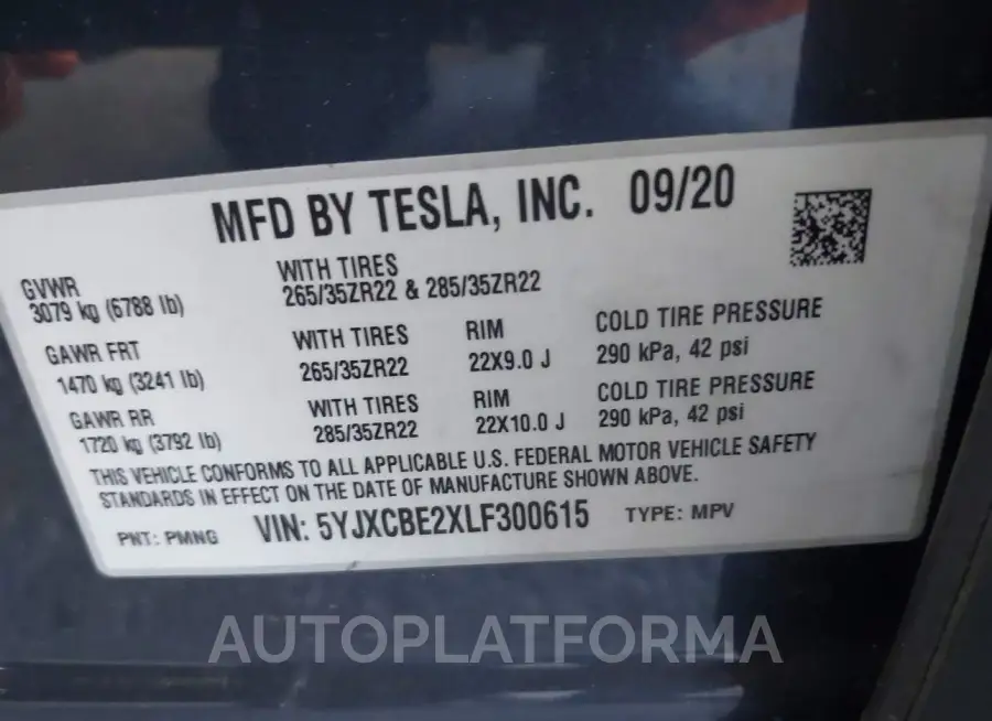 TESLA MODEL X 2020 vin 5YJXCBE2XLF300615 from auto auction Iaai