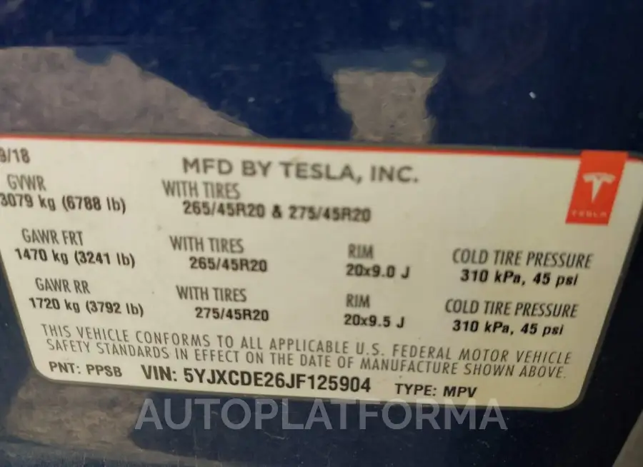 TESLA MODEL X 2018 vin 5YJXCDE26JF125904 from auto auction Iaai