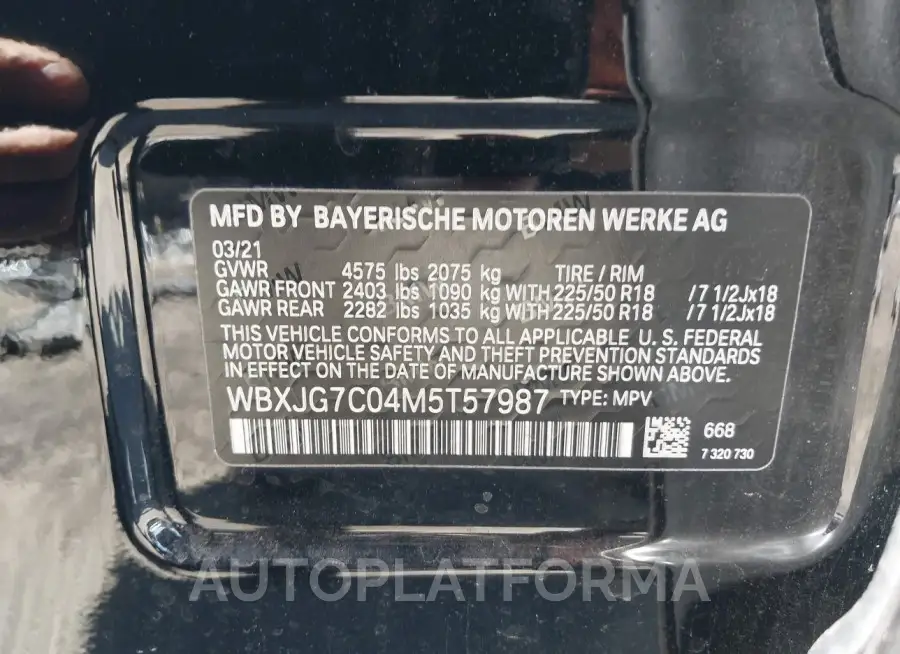 BMW X1 2021 vin WBXJG7C04M5T57987 from auto auction Iaai