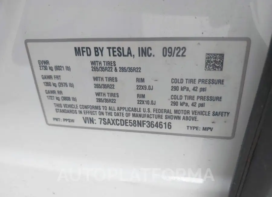 TESLA MODEL X 2022 vin 7SAXCDE58NF364616 from auto auction Iaai