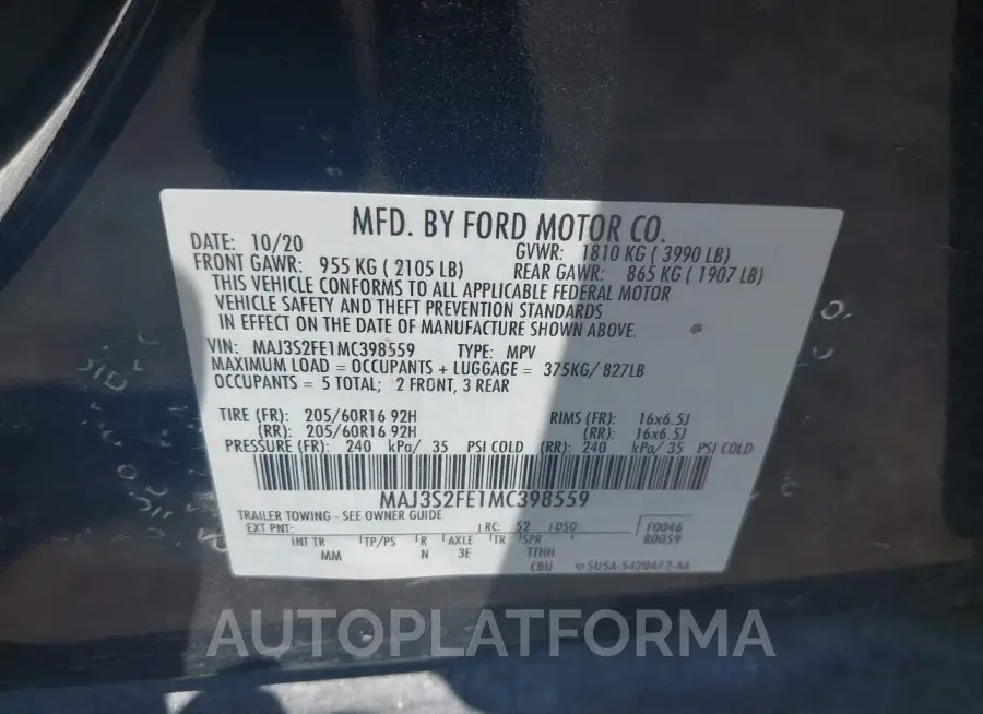 FORD ECOSPORT 2021 vin MAJ3S2FE1MC398559 from auto auction Iaai