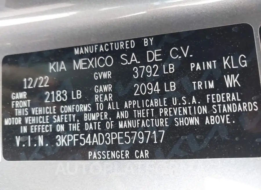 KIA FORTE 2023 vin 3KPF54AD3PE579717 from auto auction Iaai