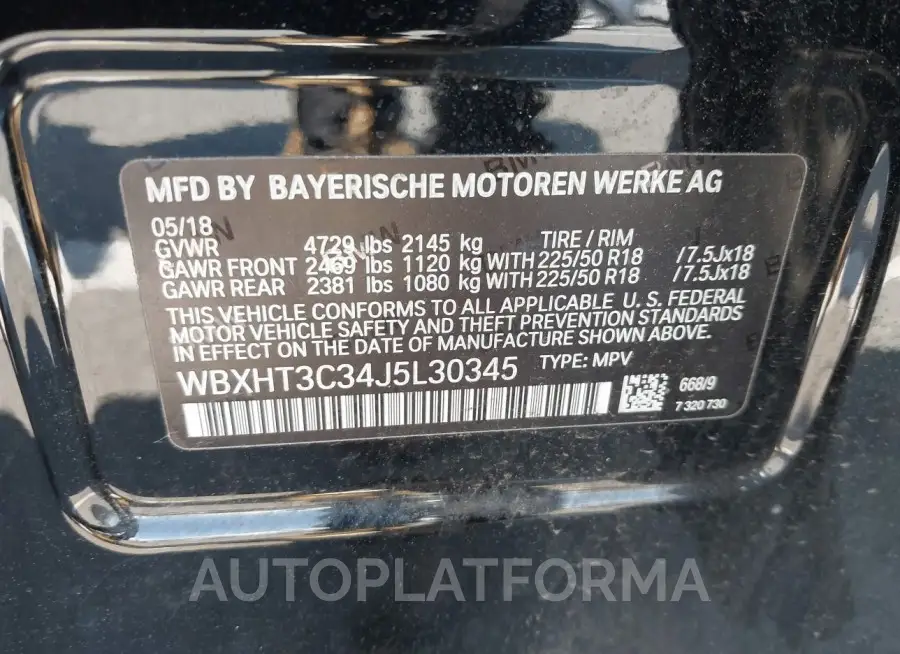 BMW X1 2018 vin WBXHT3C34J5L30345 from auto auction Iaai