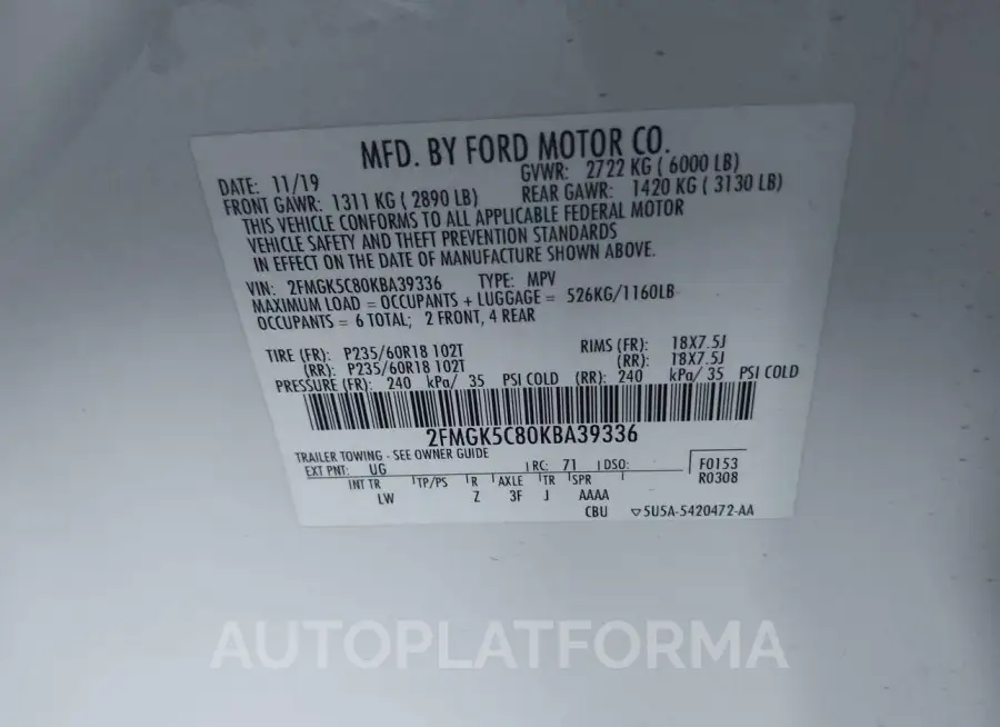 FORD FLEX 2019 vin 2FMGK5C80KBA39336 from auto auction Iaai