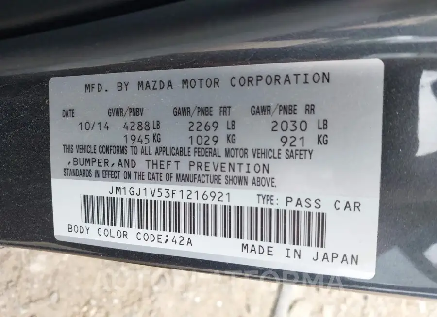 MAZDA MAZDA6 2015 vin JM1GJ1V53F1216921 from auto auction Iaai