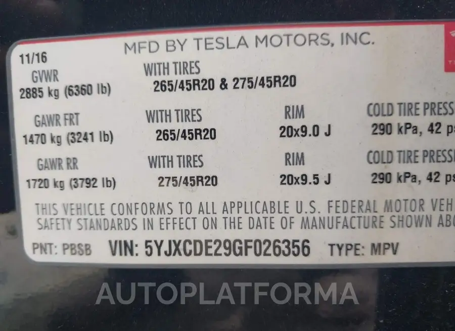 TESLA MODEL X 2016 vin 5YJXCDE29GF026356 from auto auction Iaai