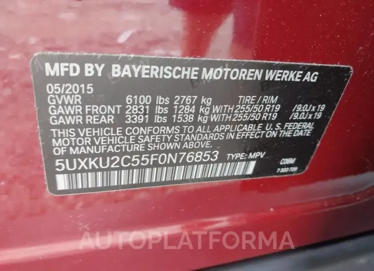 BMW X6 2015 vin 5UXKU2C55F0N76853 from auto auction Iaai