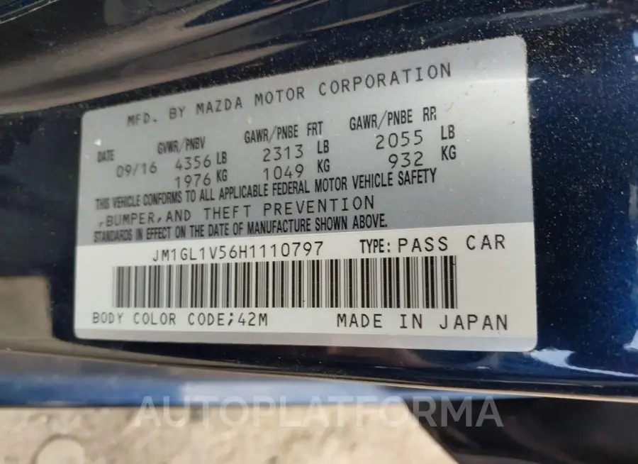 MAZDA MAZDA6 2017 vin JM1GL1V56H1110797 from auto auction Iaai