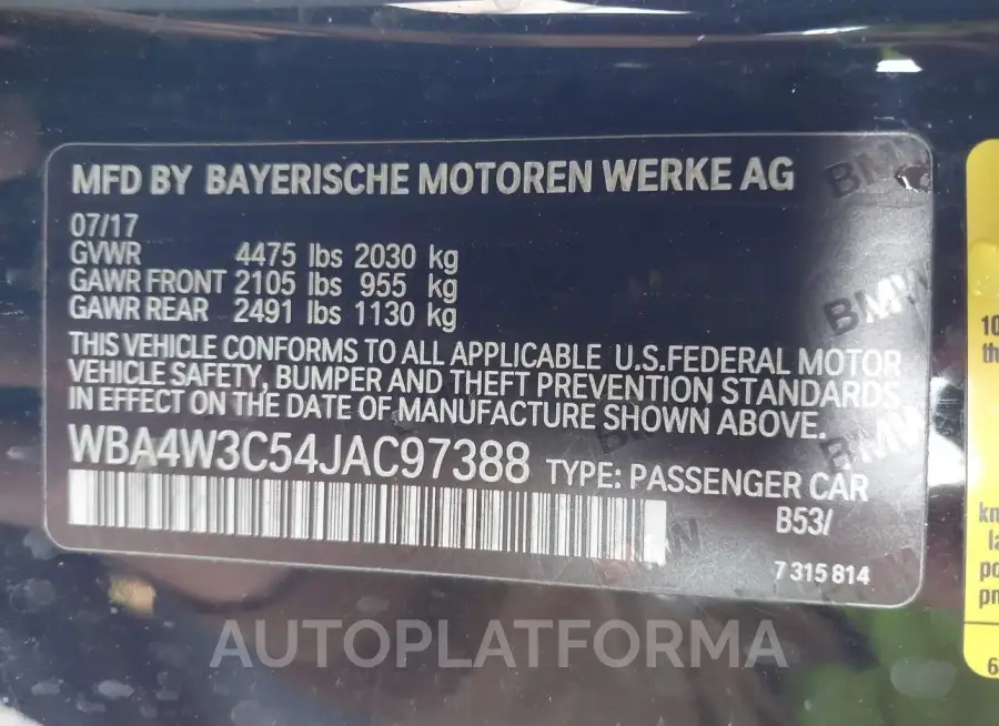 BMW 430I 2018 vin WBA4W3C54JAC97388 from auto auction Iaai