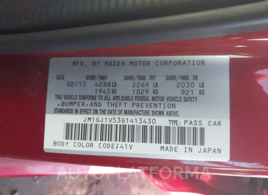 MAZDA MAZDA6 2016 vin JM1GJ1V53G1413430 from auto auction Iaai