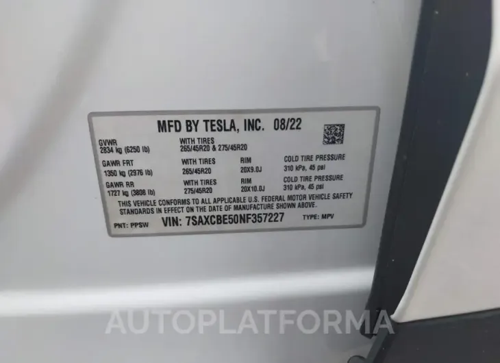 TESLA MODEL X 2022 vin 7SAXCBE50NF357227 from auto auction Iaai