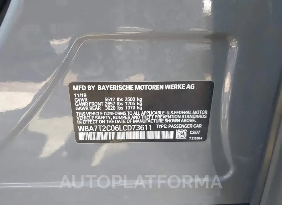 BMW 740I 2020 vin WBA7T2C06LCD73611 from auto auction Iaai