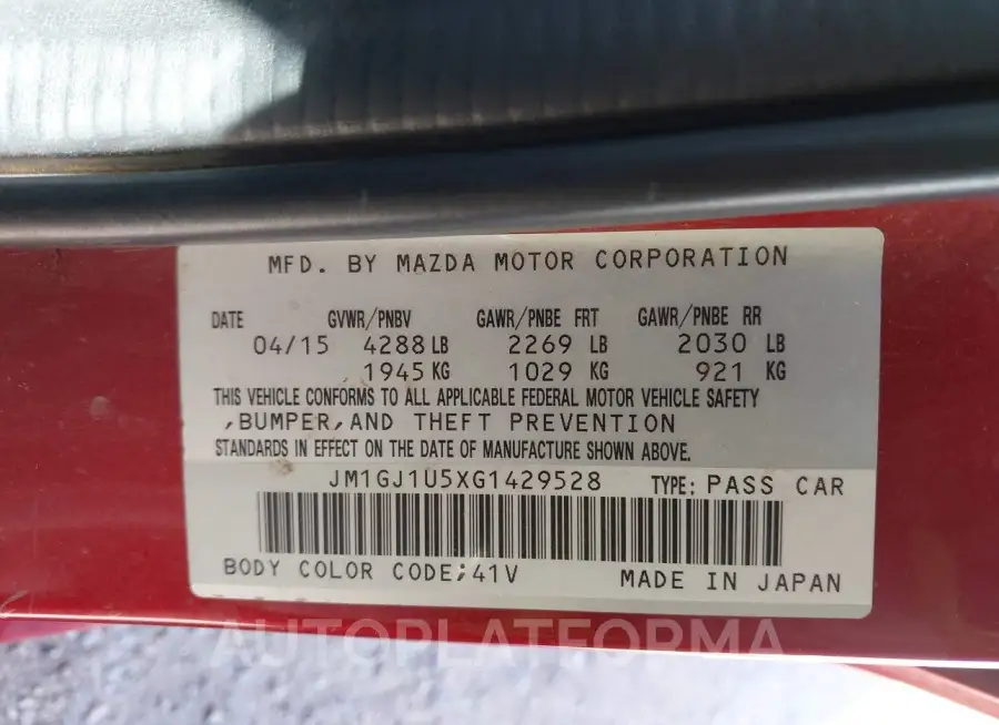 MAZDA MAZDA6 2016 vin JM1GJ1U5XG1429528 from auto auction Iaai