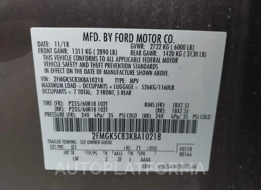 FORD FLEX 2019 vin 2FMGK5C83KBA10218 from auto auction Iaai