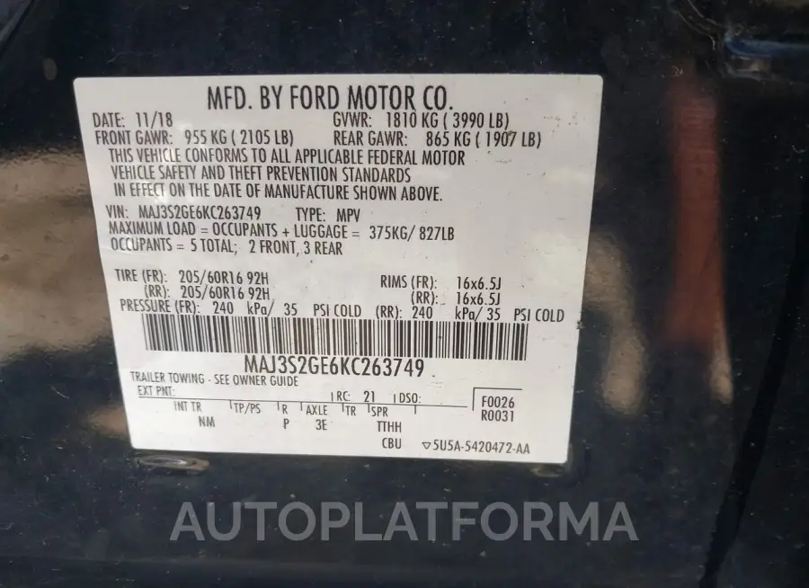 FORD ECOSPORT 2019 vin MAJ3S2GE6KC263749 from auto auction Iaai