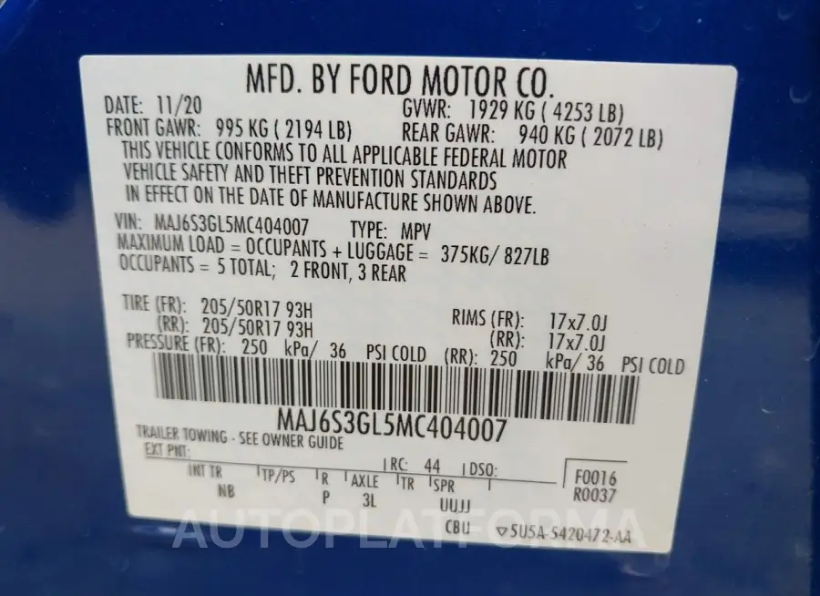 FORD ECOSPORT 2021 vin MAJ6S3GL5MC404007 from auto auction Iaai