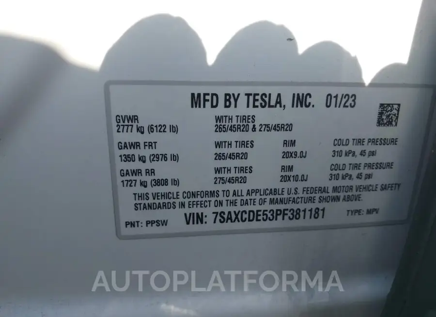 TESLA MODEL X 2023 vin 7SAXCDE53PF381181 from auto auction Iaai