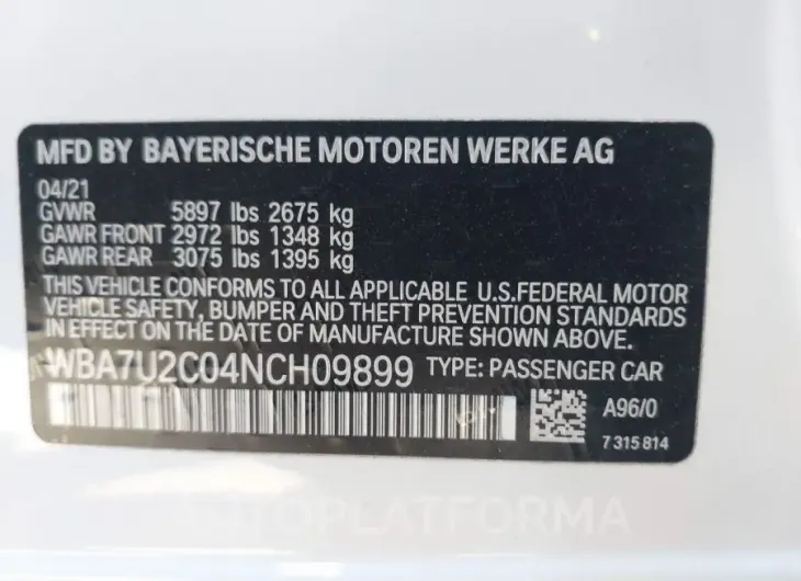 BMW 750 2022 vin WBA7U2C04NCH09899 from auto auction Iaai