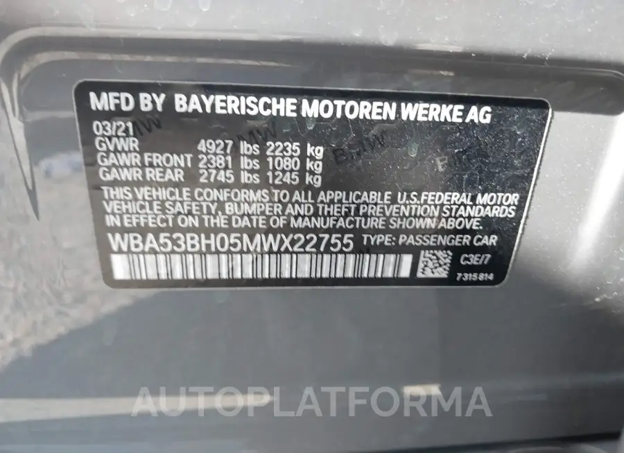 BMW 530I 2021 vin WBA53BH05MWX22755 from auto auction Iaai