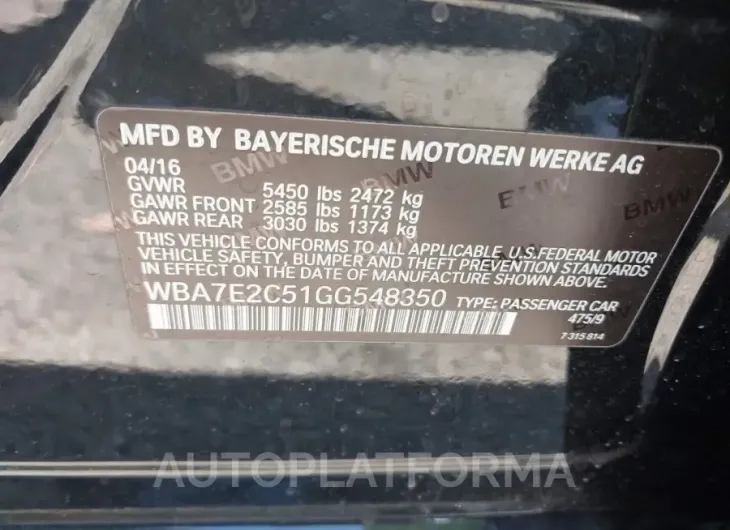 BMW 740I 2016 vin WBA7E2C51GG548350 from auto auction Iaai