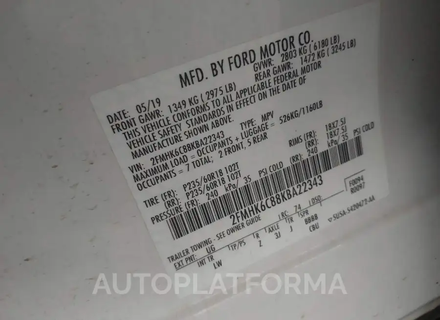 FORD FLEX 2019 vin 2FMHK6C88KBA22343 from auto auction Iaai