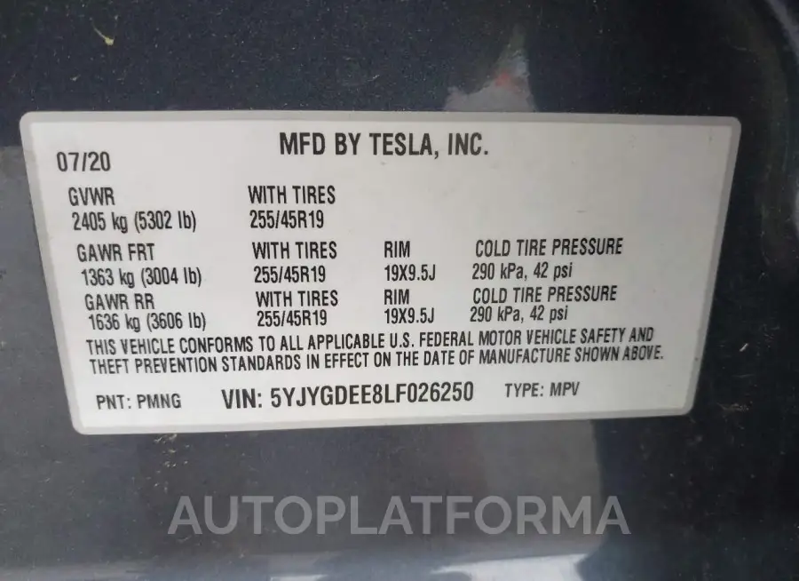 TESLA MODEL Y 2020 vin 5YJYGDEE8LF026250 from auto auction Iaai