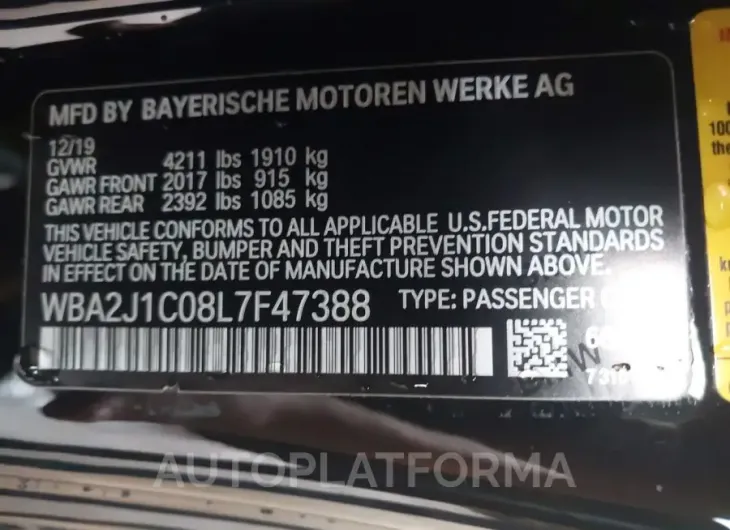 BMW 230I 2020 vin WBA2J1C08L7F47388 from auto auction Iaai