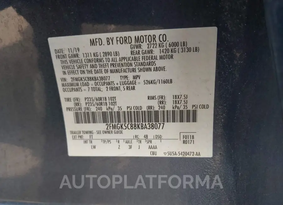 FORD FLEX 2019 vin 2FMGK5C88KBA38077 from auto auction Iaai