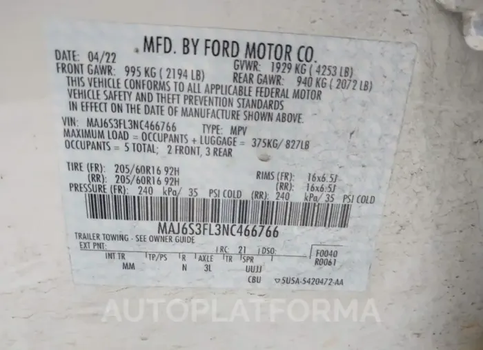 FORD ECOSPORT 2022 vin MAJ6S3FL3NC466766 from auto auction Iaai