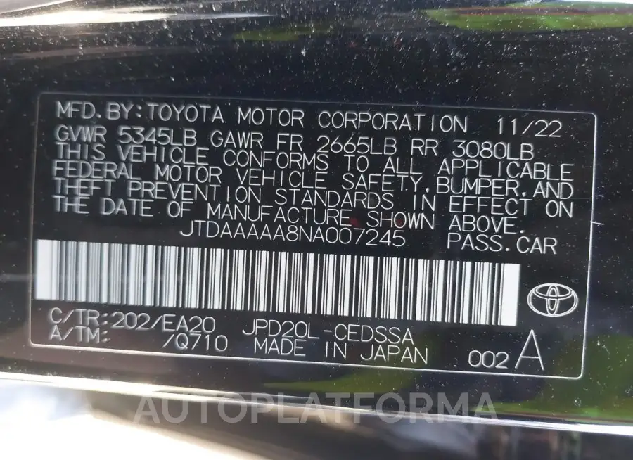 TOYOTA MIRAI 2022 vin JTDAAAAA8NA007245 from auto auction Iaai