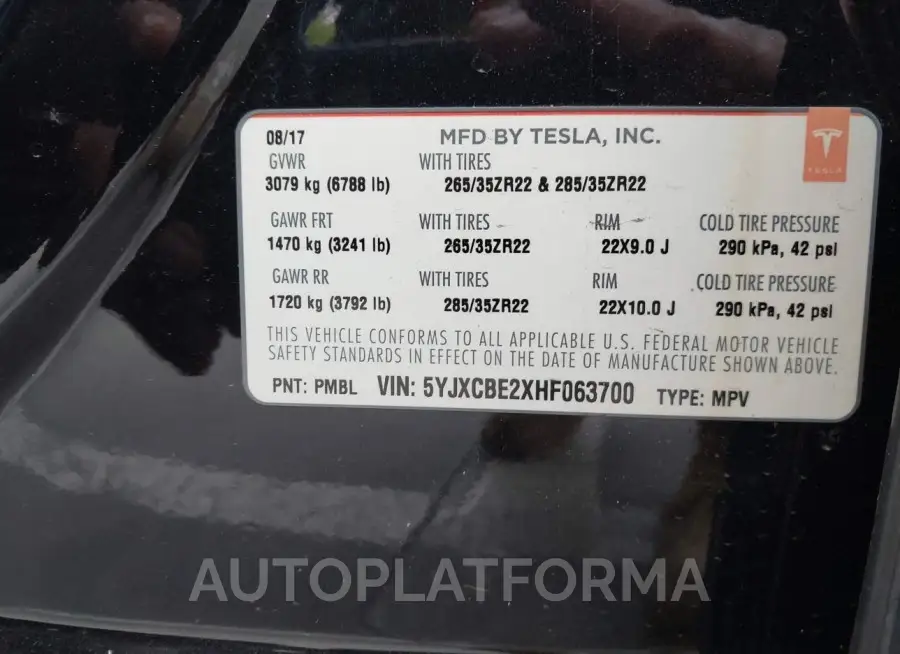 TESLA MODEL X 2017 vin 5YJXCBE2XHF063700 from auto auction Iaai