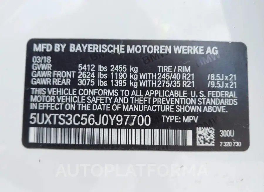 BMW X3 2018 vin 5UXTS3C56J0Y97700 from auto auction Iaai