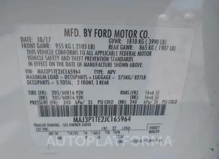 FORD ECOSPORT 2018 vin MAJ3P1TE2JC165964 from auto auction Iaai