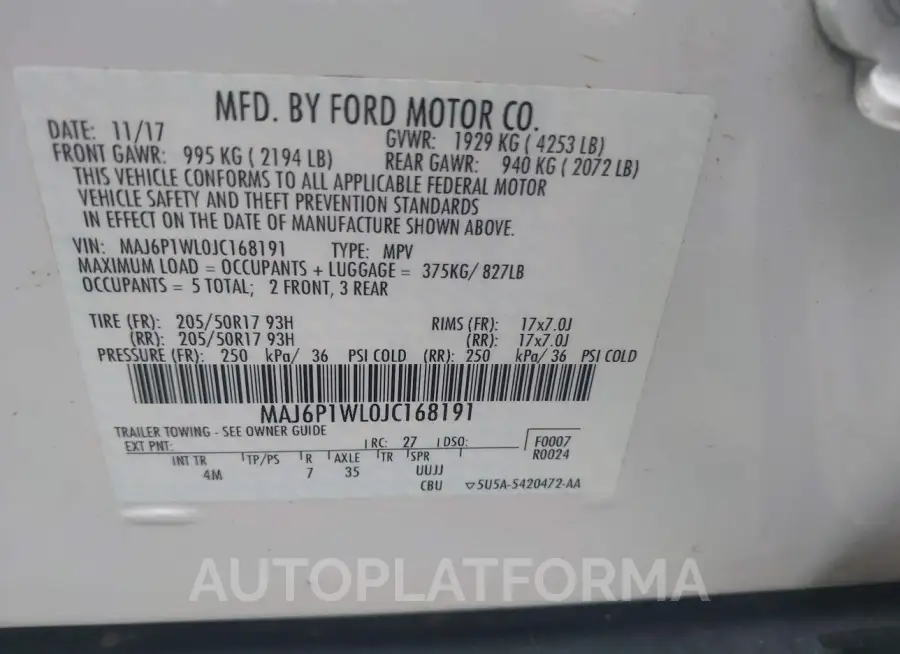 FORD ECOSPORT 2018 vin MAJ6P1WL0JC168191 from auto auction Iaai