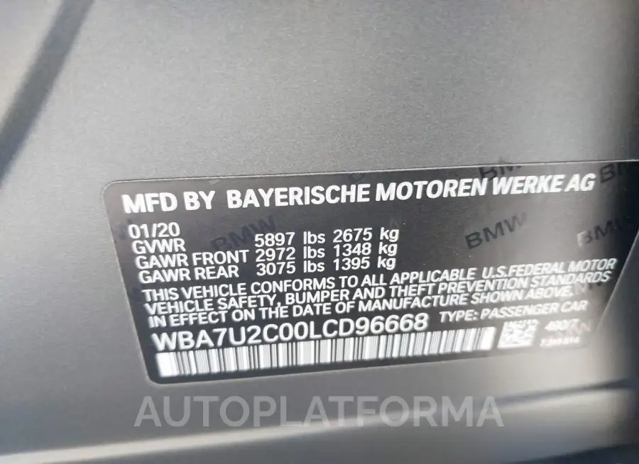 BMW 750I 2020 vin WBA7U2C00LCD96668 from auto auction Iaai