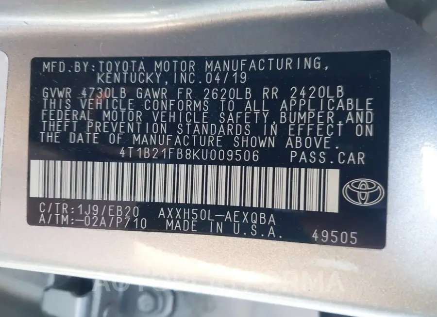 TOYOTA AVALON HYBRID 2019 vin 4T1B21FB8KU009506 from auto auction Iaai