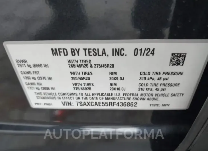 TESLA MODEL X 2024 vin 7SAXCAE55RF436862 from auto auction Iaai