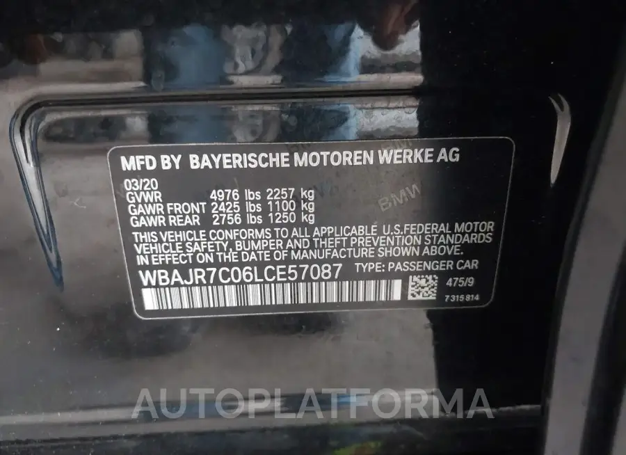 BMW 530I 2020 vin WBAJR7C06LCE57087 from auto auction Iaai