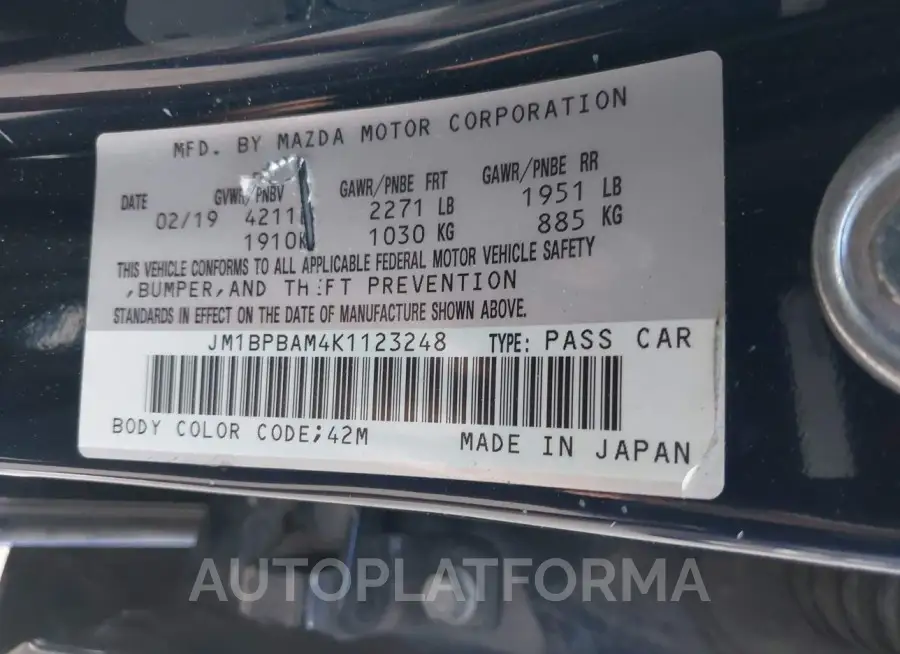 MAZDA MAZDA3 2019 vin JM1BPBAM4K1123248 from auto auction Iaai