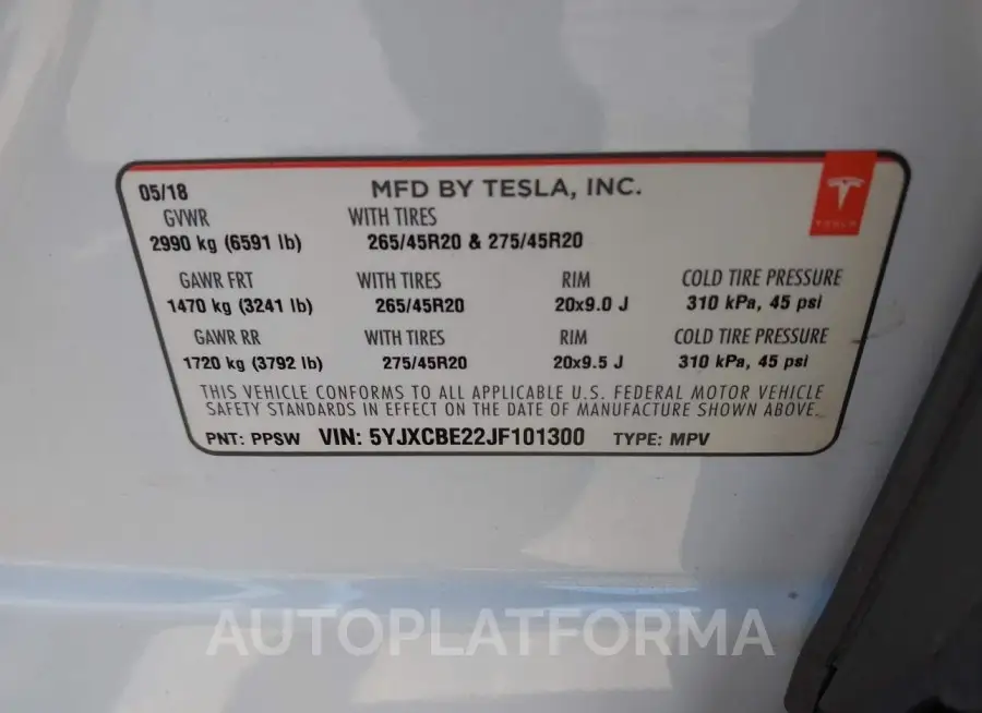 TESLA MODEL X 2018 vin 5YJXCBE22JF101300 from auto auction Iaai