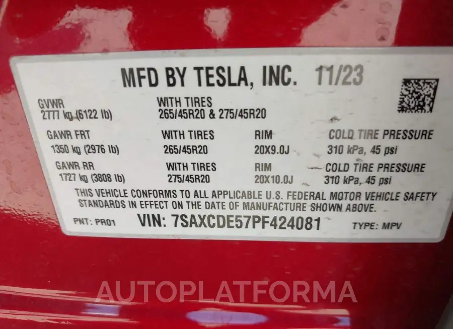 TESLA MODEL X 2023 vin 7SAXCDE57PF424081 from auto auction Iaai